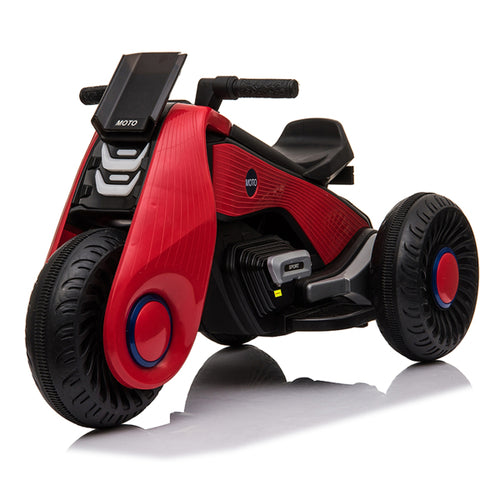 Children's Electric Motorcycle features a sleek red design with a black body, three large wheels, and a sporty style.