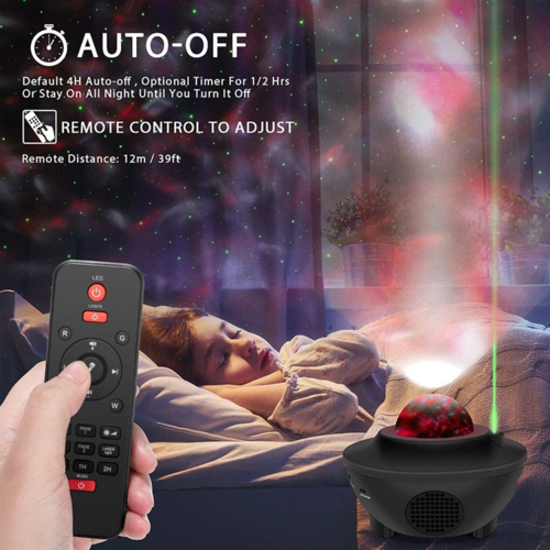 Galaxy projector displaying colorful starry lights above a person sleeping in bed, with a remote control in hand.