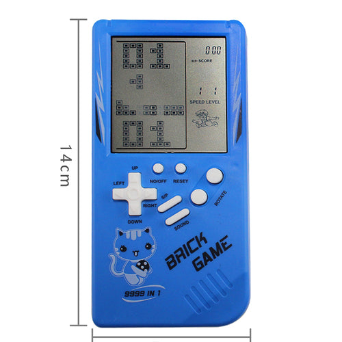 Yellow handheld game console featuring a large screen, classic game layout, and cat graphic design.