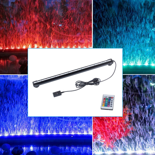 Black waterproof aquarium light with a remote control, showcasing vibrant RGB colors illuminating water plants.