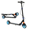 Black aluminum scooter with blue wheels, featuring a folding design and adjustable handlebar height.
