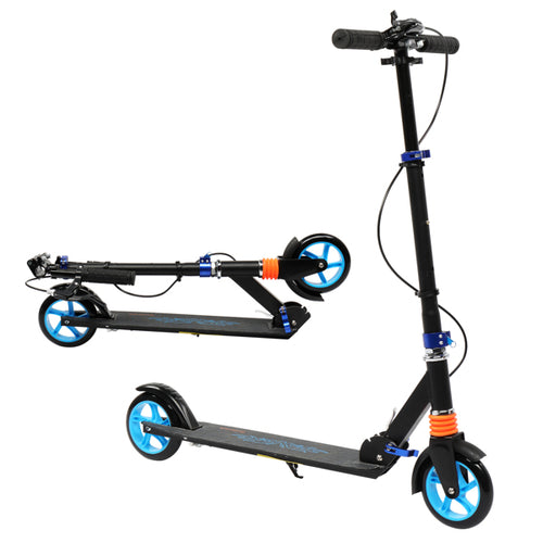 Black aluminum scooter with blue wheels, featuring a folding design and adjustable handlebar height.