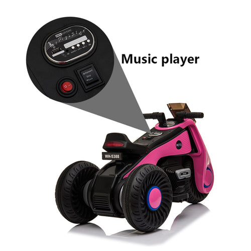 Children's electric motorcycle in black and pink with three sturdy wheels, featuring a music player control panel.