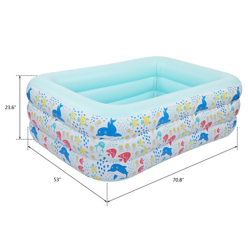 Rectangular inflatable swim pool with a light blue rim, featuring colorful whale and underwater designs on the sides.