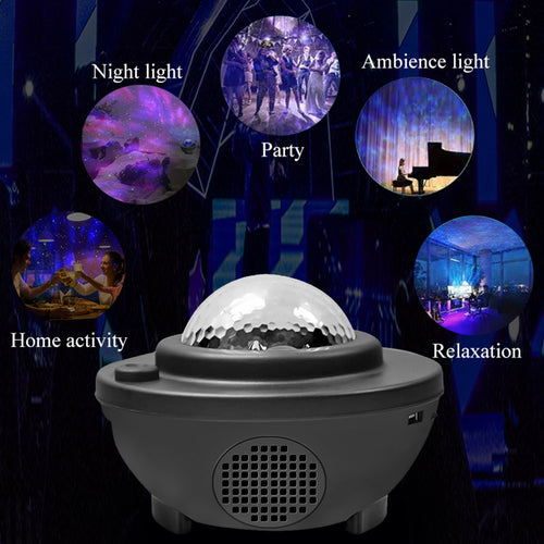 Colorful Starry Sky Galaxy Projector in black with a dome-shaped top and a built-in speaker, projecting vibrant lights.