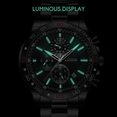 Black stainless steel watch with luminous hands and three sub-dials, featuring a tachymeter and a sleek design.