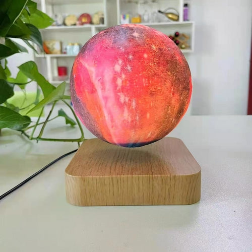 Levitating moon lamp with a colorful, textured surface on a wooden base, exuding a soft glow.