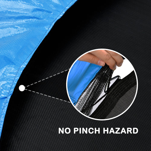 Close-up of trampoline safety net attachment showing a blue cover and black mat, highlighting no pinch hazard design.