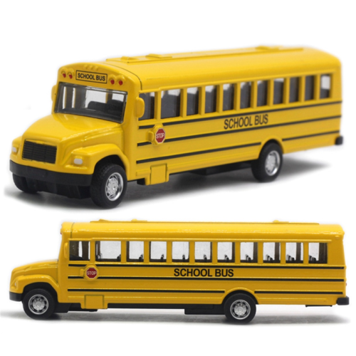 Yellow alloy school bus model with black stripes and 'SCHOOL BUS' text, featuring pull back functionality.
