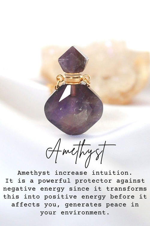 Dainty amethyst crystal bottle pendant with gold accents, featuring a unique geometric shape against a soft background.