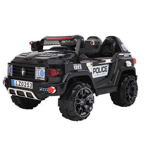Black off-road police car with LED headlights, large tires, and detailed police decals, designed for kids' remote control use.