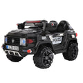 Black off-road police car with LED headlights, large tires, and detailed police decals, designed for kids' remote control use.