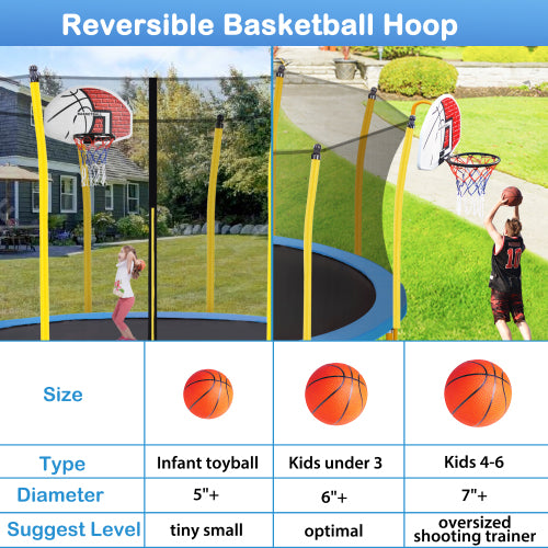 Reversible basketball hoop designed for kids, featuring bright colors and sturdy poles, set near a safety enclosure net.