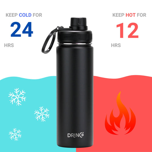 22oz black stainless steel water bottle with a textured grip, vacuum insulation, and a wide mouth opening.