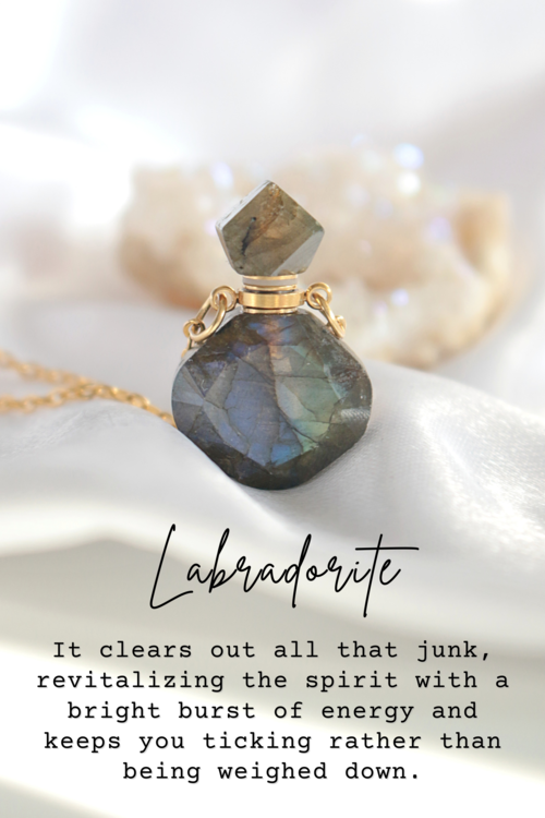 24-karat gold-plated crystal bottle necklace featuring a unique Labradorite pendant, set against a soft fabric background.