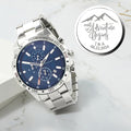 Personalized men's watch with a stainless steel band and a navy dial featuring luminous hands and chronograph sub-dials.