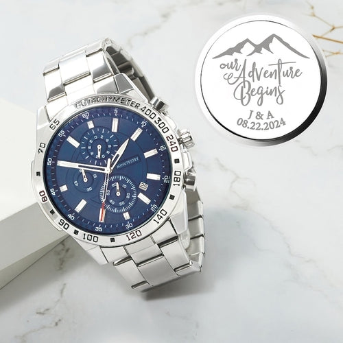 Personalized men's watch with a stainless steel band and a navy dial featuring luminous hands and chronograph sub-dials.