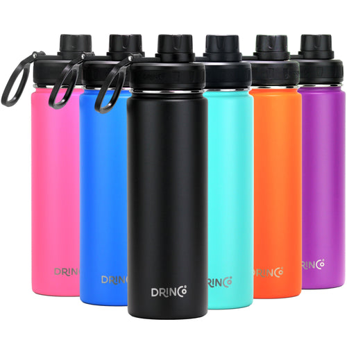 Black DRINCO® 22oz stainless steel sport water bottle among colorful options, featuring a textured grip and wide mouth.