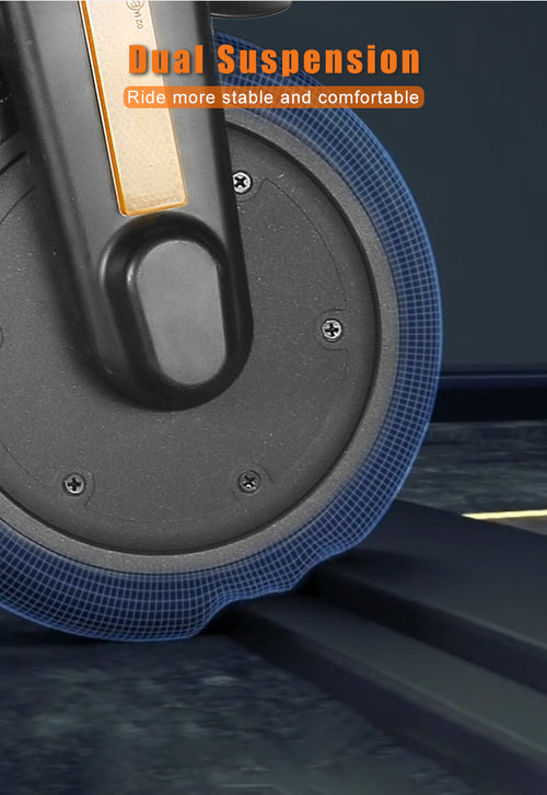 Close-up of a black 8.5-inch solid tire showing a dual suspension system for stability and comfort on a smooth surface.