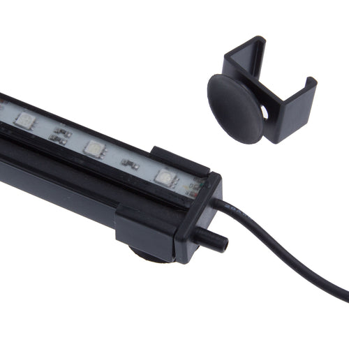 Waterproof RGB aquarium light with a slim black design and 18 bright LEDs, includes a remote and suction cup for mounting.