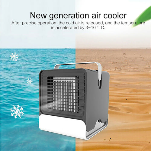 Portable gray and white USB Mini Negative Ion Cool Fan Air Conditioner with a handle, featuring an air intake grill and a sleek design.