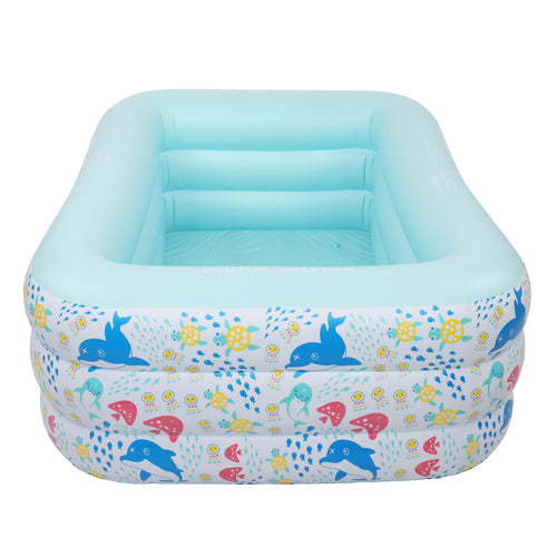 Inflatable swim pool for kids in light blue, featuring playful dolphin and flower patterns on a white base.