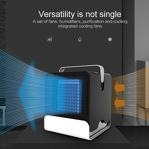 USB Mini Negative Ion Cool Fan Air Conditioner in black and white, featuring a portable design with a handle and airflow vents.