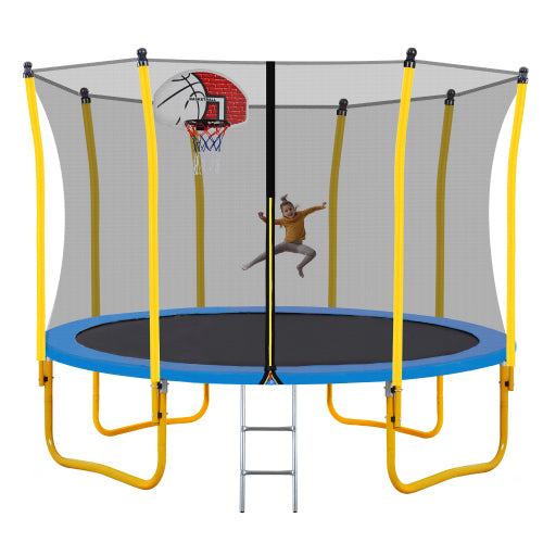 Round 12FT trampoline with yellow frame, safety enclosure net, and attached basketball hoop; child jumping inside.