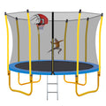 Round 12FT trampoline with yellow frame, safety enclosure net, and attached basketball hoop; child jumping inside.