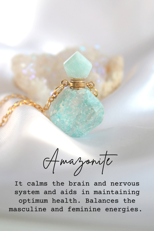 Aqua Amazonite crystal bottle pendant necklace with a gold chain and hexagonal top. Styled on a soft, light background.