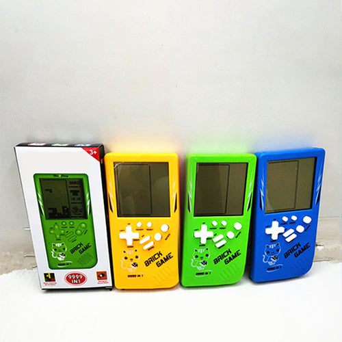 Retro Childhood Tetris Handheld Game Player in yellow with a large screen, buttons, and packaging, placed alongside green and blue versions.