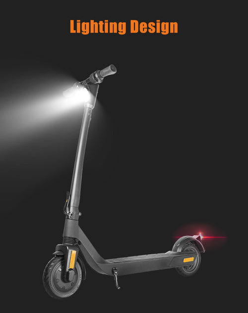 Electric scooter in black with 8.5-inch solid tires, front light, and red rear light, featuring a sleek design.