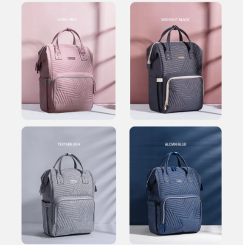 Quilted diaper bag backpack in four colors: Coral Pink, Midnight Black, Texture Ash, and Alcan Blue, featuring stylish design and compartments.