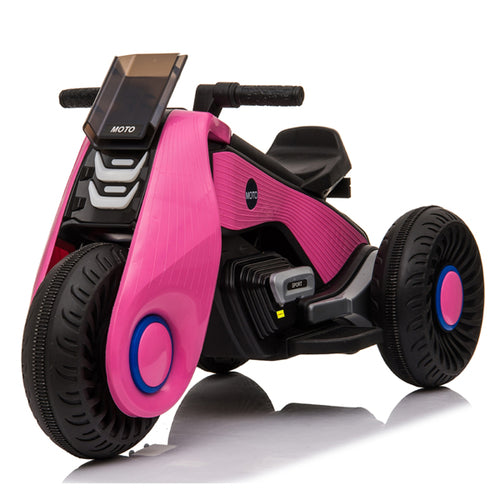 Children's Electric Motorcycle in pink and black features three wheels, a sleek design, and a control panel with buttons.