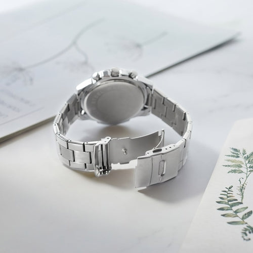 Stainless steel men's watch with a folding clasp, showcasing a sleek silver finish and smooth surface.