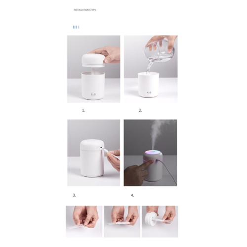 Portable air humidifier diffuser with a white cylindrical design, multi-step installation process, and colorful light feature.