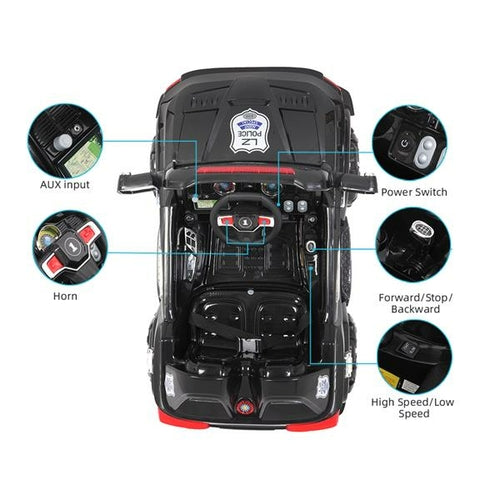 Black off-road police car toy with a detailed dashboard, including a power switch, horn, and controls for speed and direction.