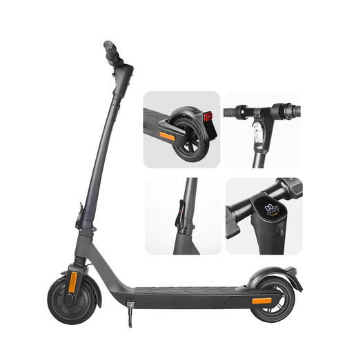 Electric scooter with 8.5-inch solid rubber tires, sleek black design, LED dashboard, and folding frame for easy transport.