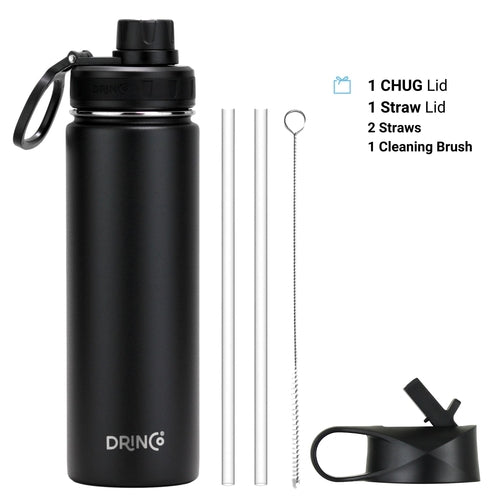 Black 22oz DRINCO® stainless steel water bottle with two lids, two straws, and a cleaning brush, featuring a textured grip.