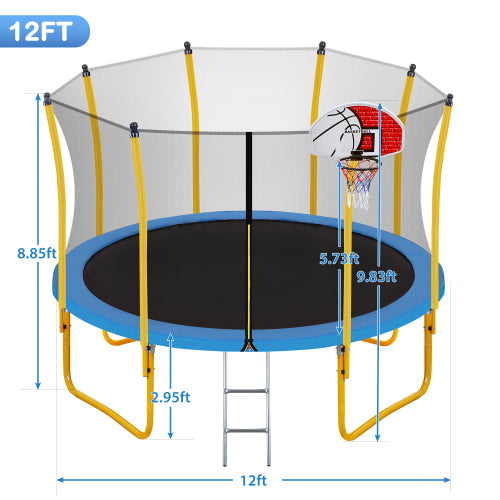 12FT round trampoline with a black jumping mat, yellow frame, and safety enclosure net; includes a basketball hoop and ladder.