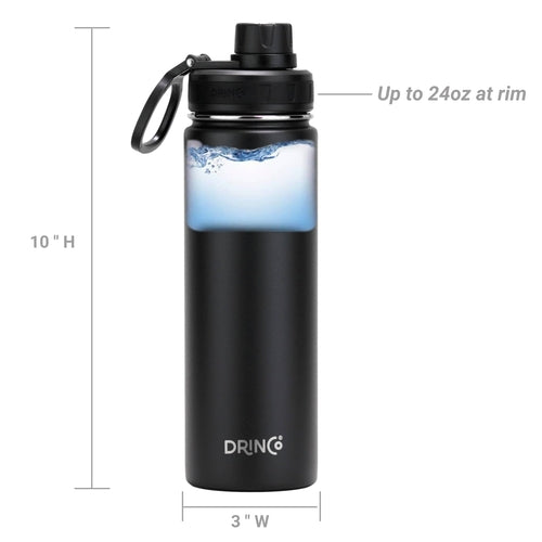 Black DRINCO® 22oz stainless steel sport water bottle with wide mouth and textured grip, featuring visible water inside.