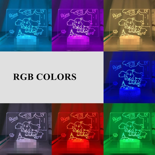 Wood table lamp with a cute rhino design in vibrant RGB colors, featuring a white acrylic message board.