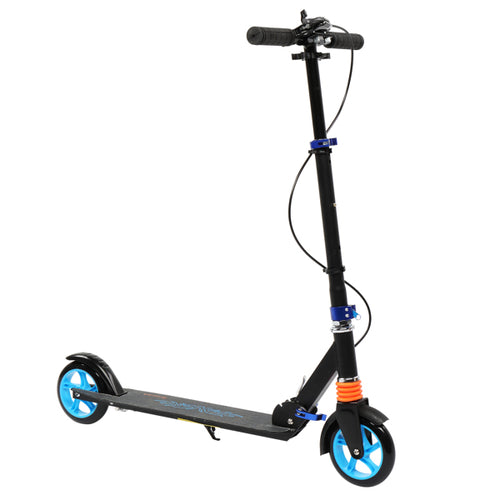 Adult and teen scooter with a black aluminum frame, blue and orange wheels, and adjustable handlebar height.