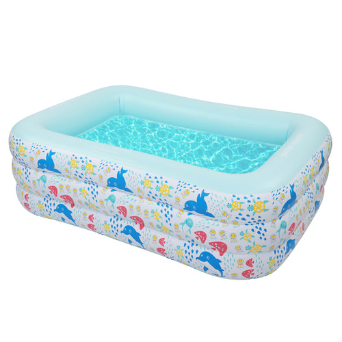 Inflatable swim pool with a light blue rim and colorful dolphin and flower prints, featuring a clear water surface.