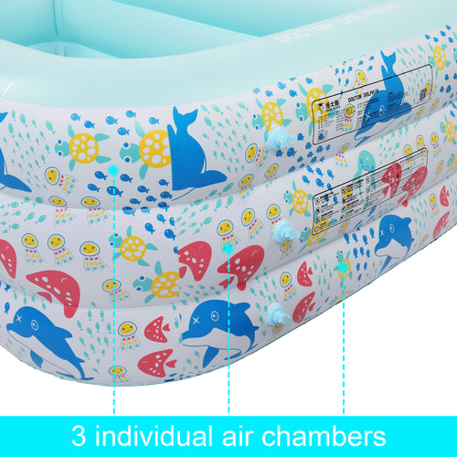 Inflatable swim pool featuring colorful ocean-themed design with dolphins and mushrooms; three individual air chambers for stability.
