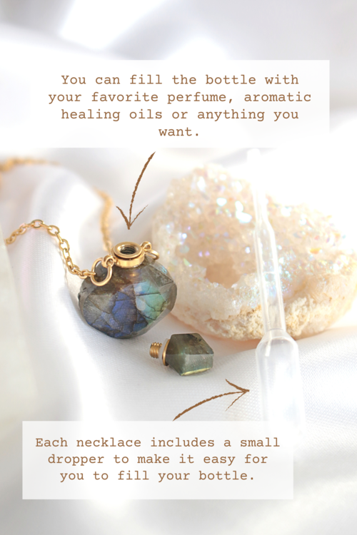 Dainty gold-plated necklace featuring a labradorite crystal bottle pendant, with a small dropper for filling.
