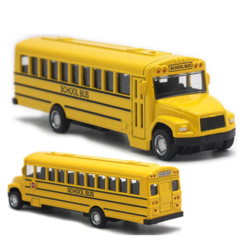 Yellow alloy school bus model with black stripes, featuring detailed windows and a pull-back function for play.