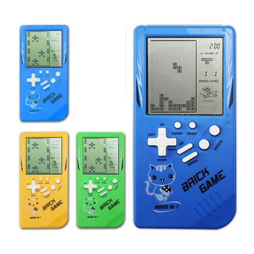 Yellow handheld Tetris game player featuring a retro design, large screen, and colorful buttons for easy gameplay.