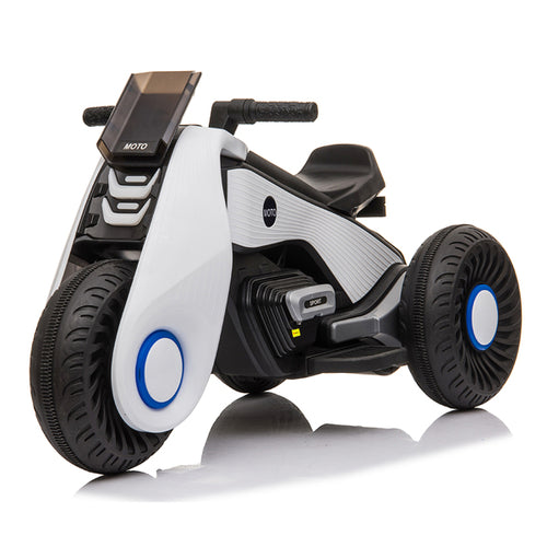 Children's Electric Motorcycle in black and white with three wheels, a sleek design, handlebar, and foot pedals.