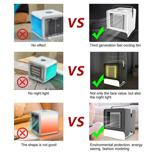 Portable USB Mini Negative Ion Cool Fan in white and gray, featuring a sleek design, night light, and compact dimensions.